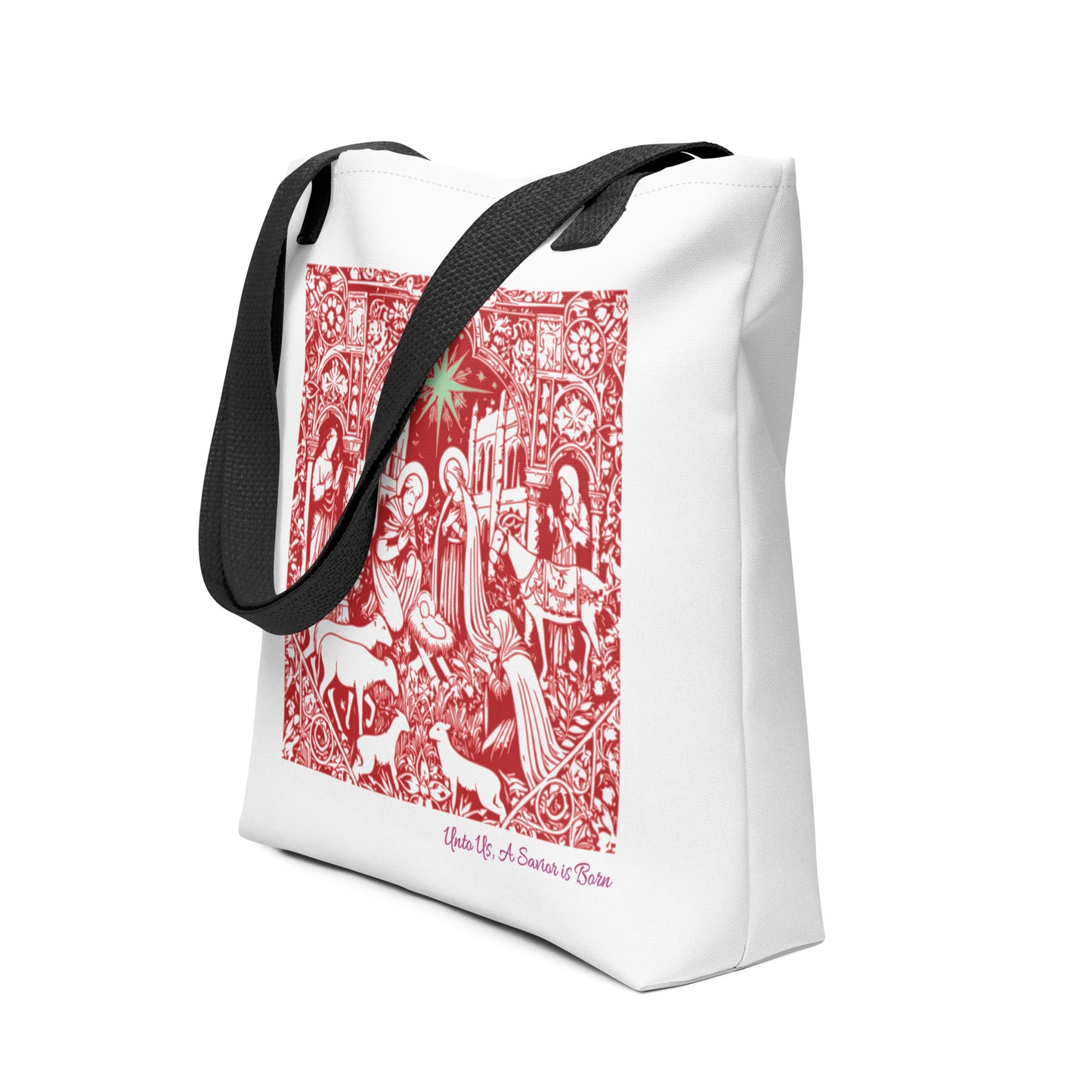 Unto Us a Savior - Red Nativity Christian Tote Bag