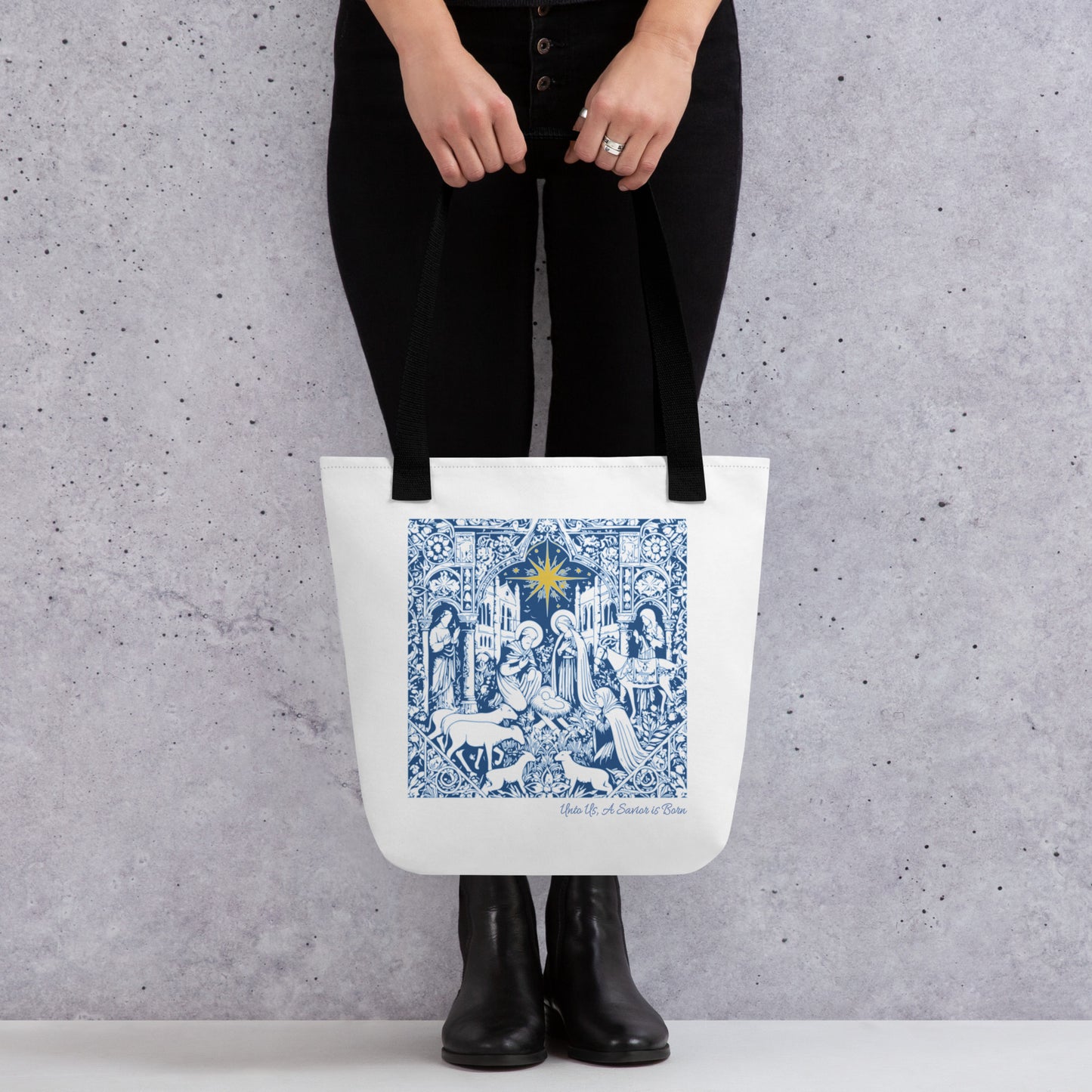 Unto Us a Savior - Blue Nativity Christian Tote Bag