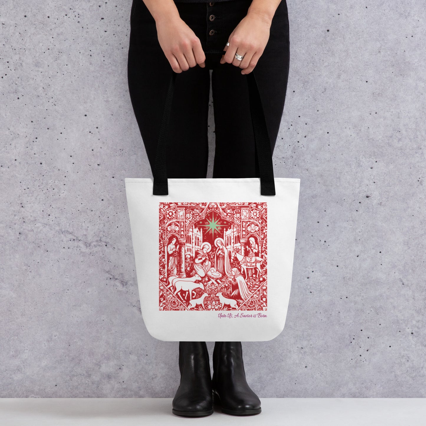 Unto Us a Savior - Red Nativity Christian Tote Bag