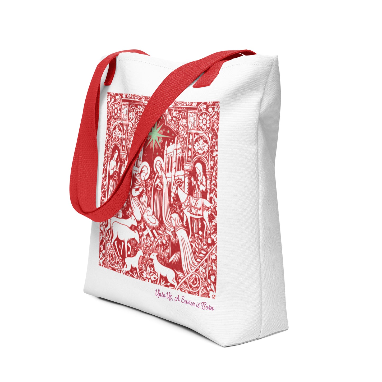 Unto Us a Savior - Red Nativity Christian Tote Bag