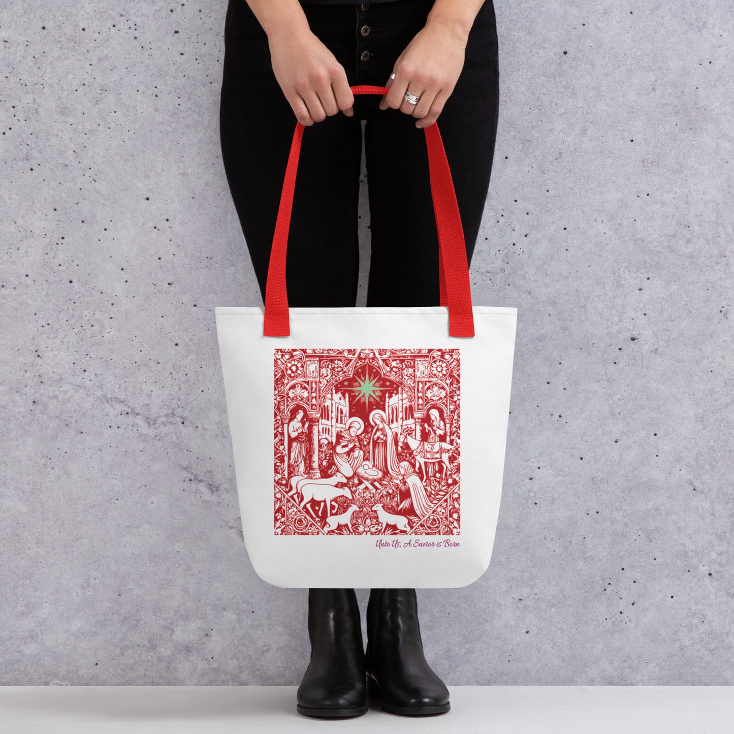 Unto Us a Savior - Red Nativity Christian Tote Bag