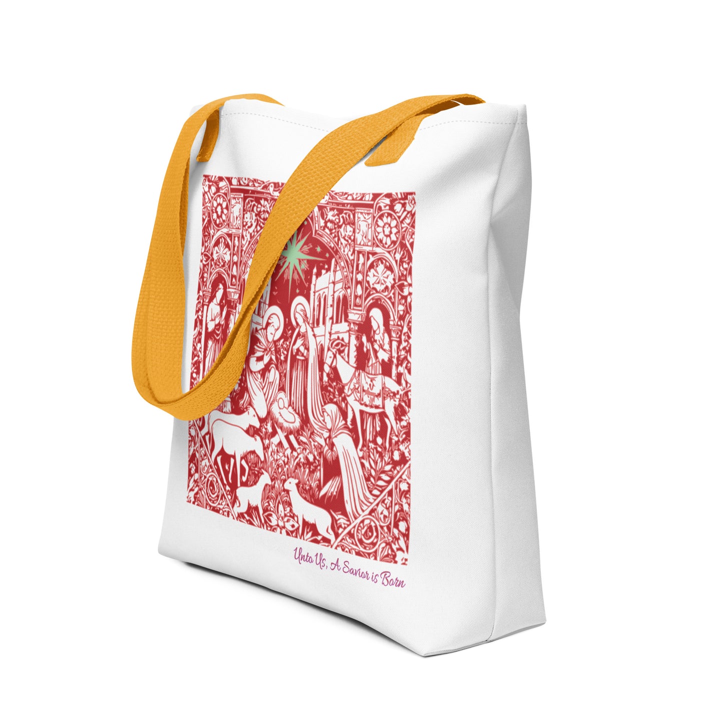 Unto Us a Savior - Red Nativity Christian Tote Bag