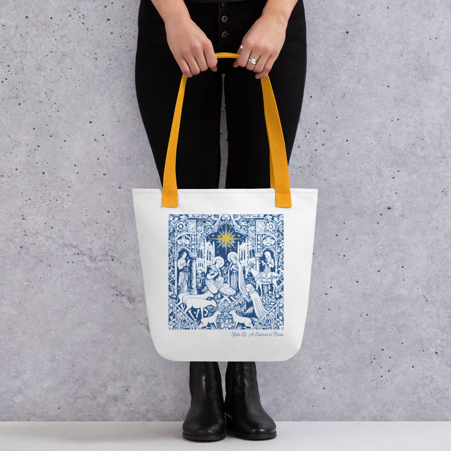 Unto Us a Savior - Blue Nativity Christian Tote Bag