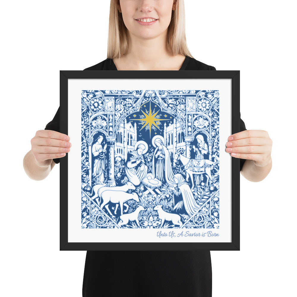 Unto Us a Savior Blue Framed Poster