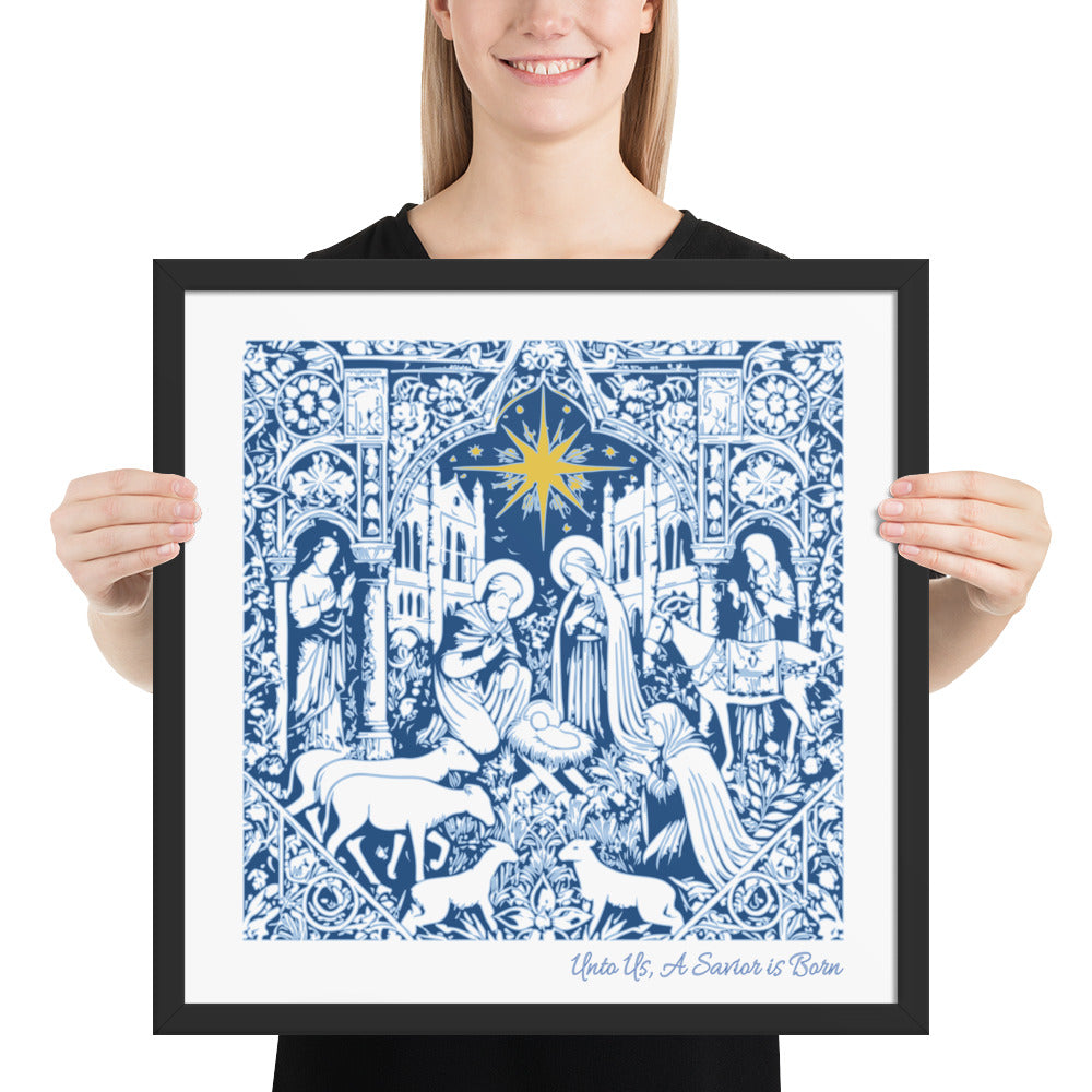 Unto Us a Savior Blue Framed Poster