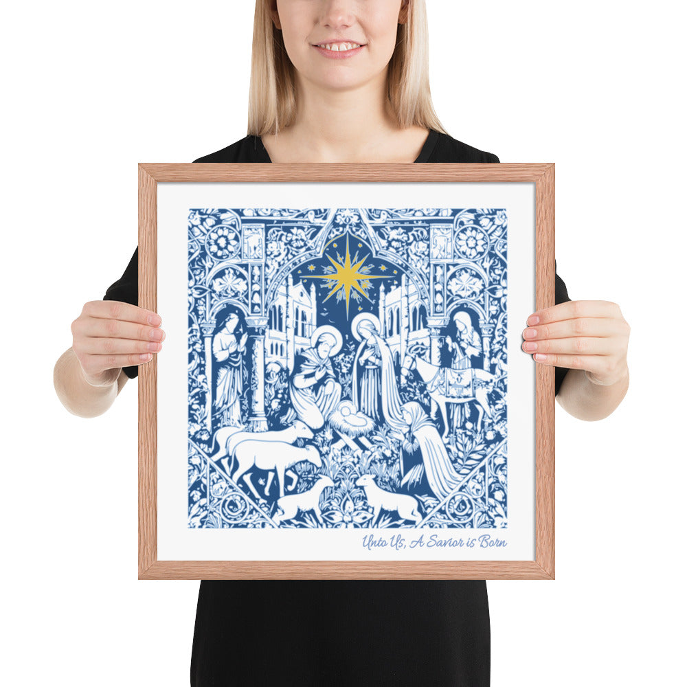 Unto Us a Savior Blue Framed Poster