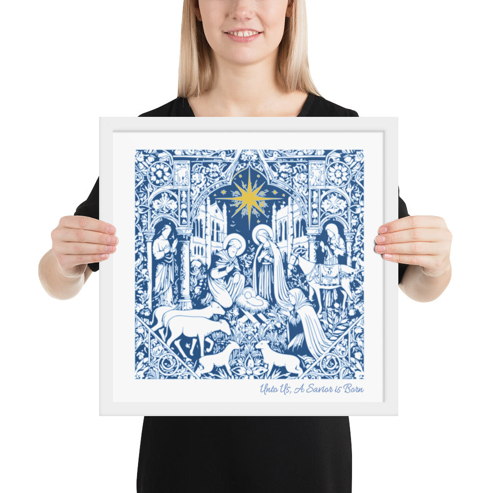 Unto Us a Savior Blue Framed Poster